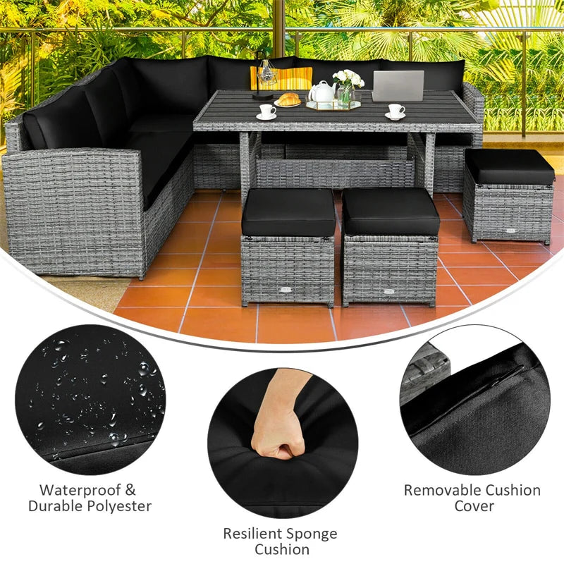 7-Piece PE Rattan Patio Sectional Sofa Set with Dining Table, Ottomans & Cushions, Mix Grey