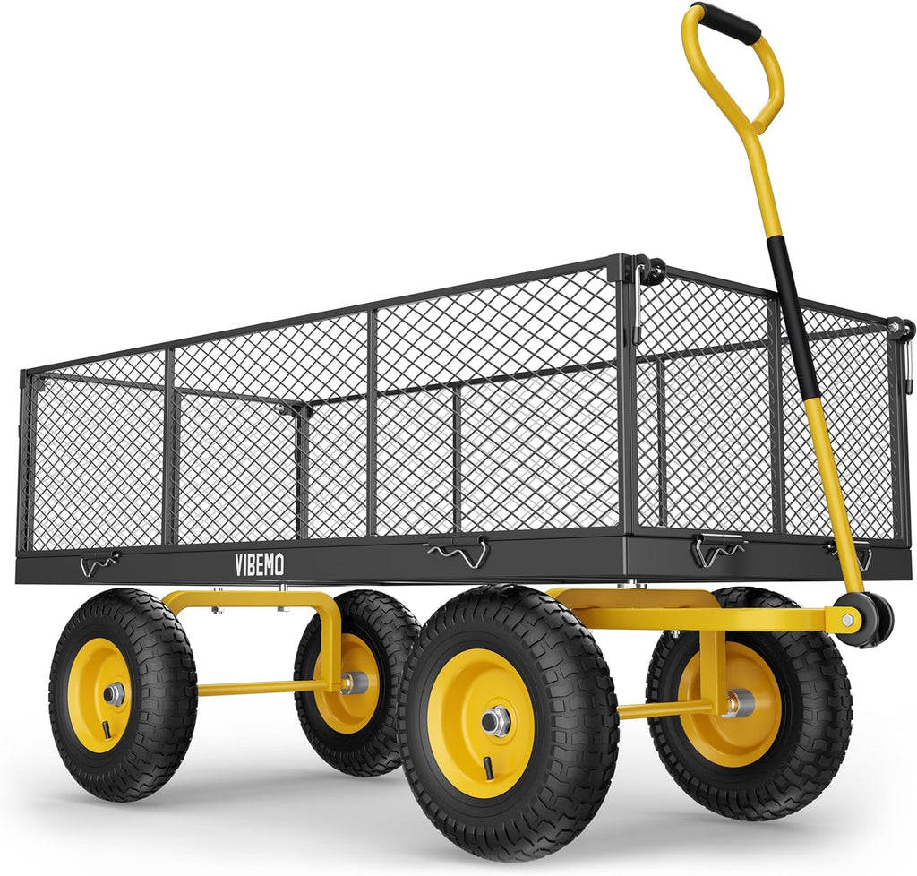Black 1400 lb steel garden wagon cart with removable mesh sides and pneumatic tyres
