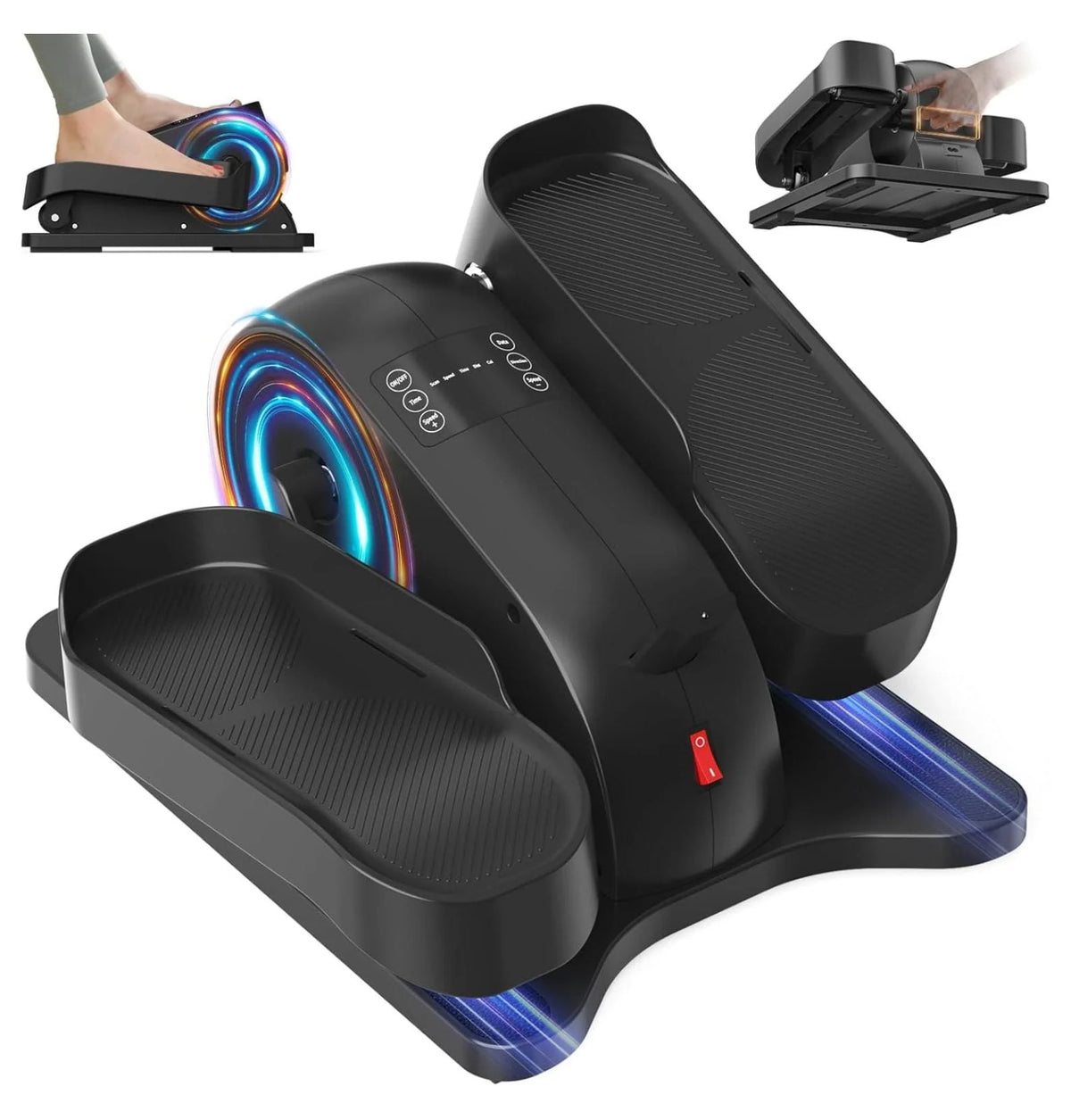 Compact grey under-desk electric seated elliptical leg exerciser with display