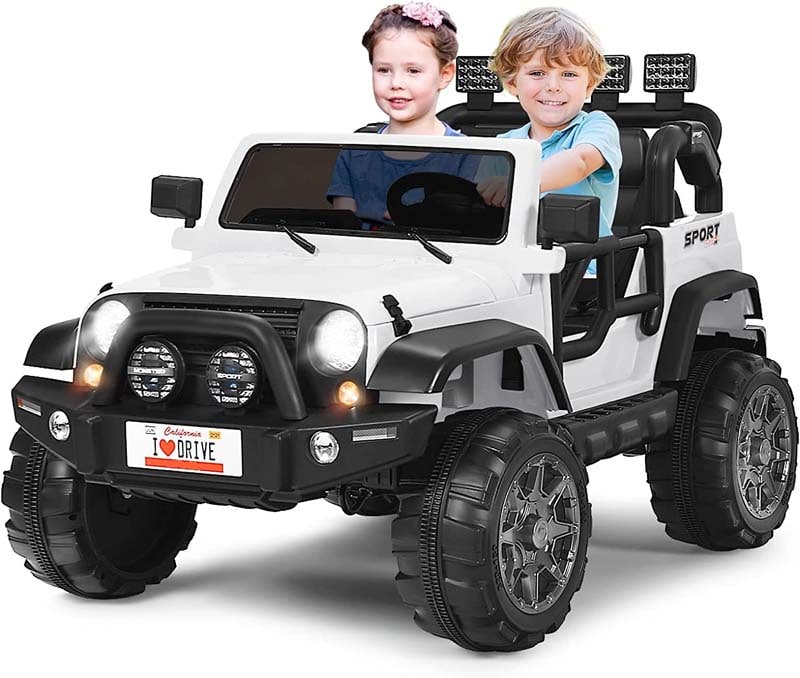 White 12V two-seater electric kids ride-on truck with remote control