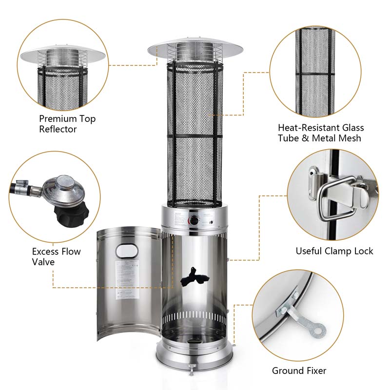 41,000 BTU Stainless Steel Patio Heater – Standing Glass Tube Flame Heater with Wheels, Push-Button Ignition
