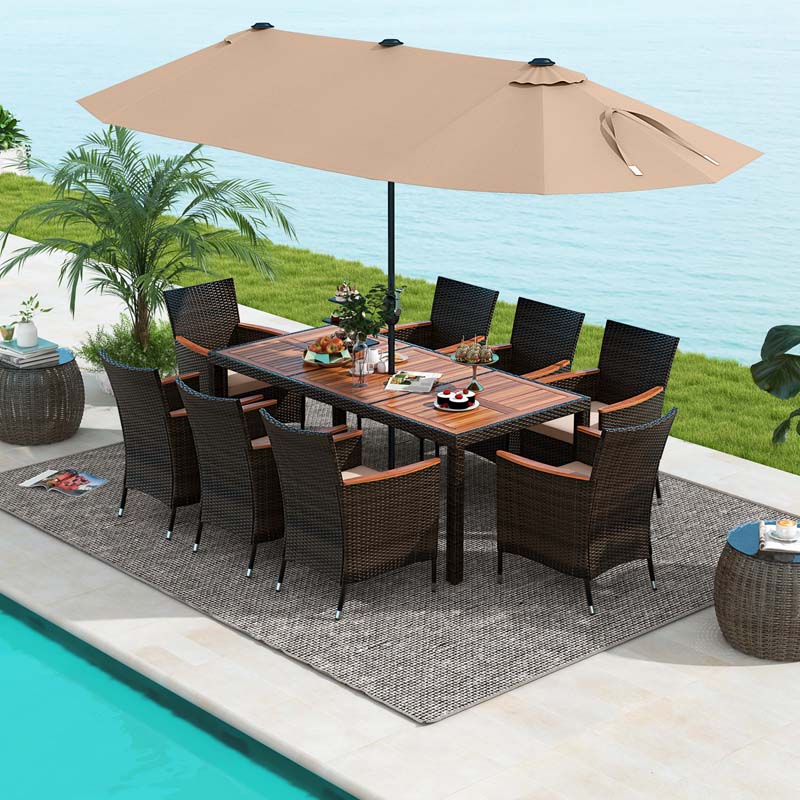 10-Piece Patio Rattan Dining Set with 15 ft Double-Sided Umbrella – Acacia Wood Table & Stackable Cushioned Wicker Chairs