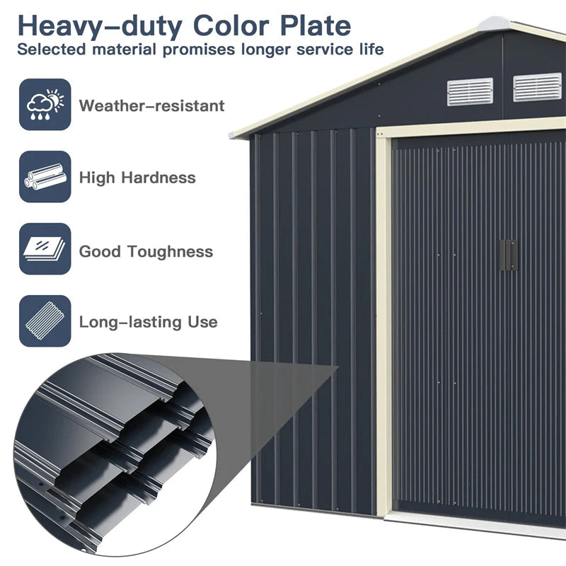 9 x 6 ft Outdoor Metal Storage Shed – Sliding Lockable Double Doors, 4 Vents, Grey Steel