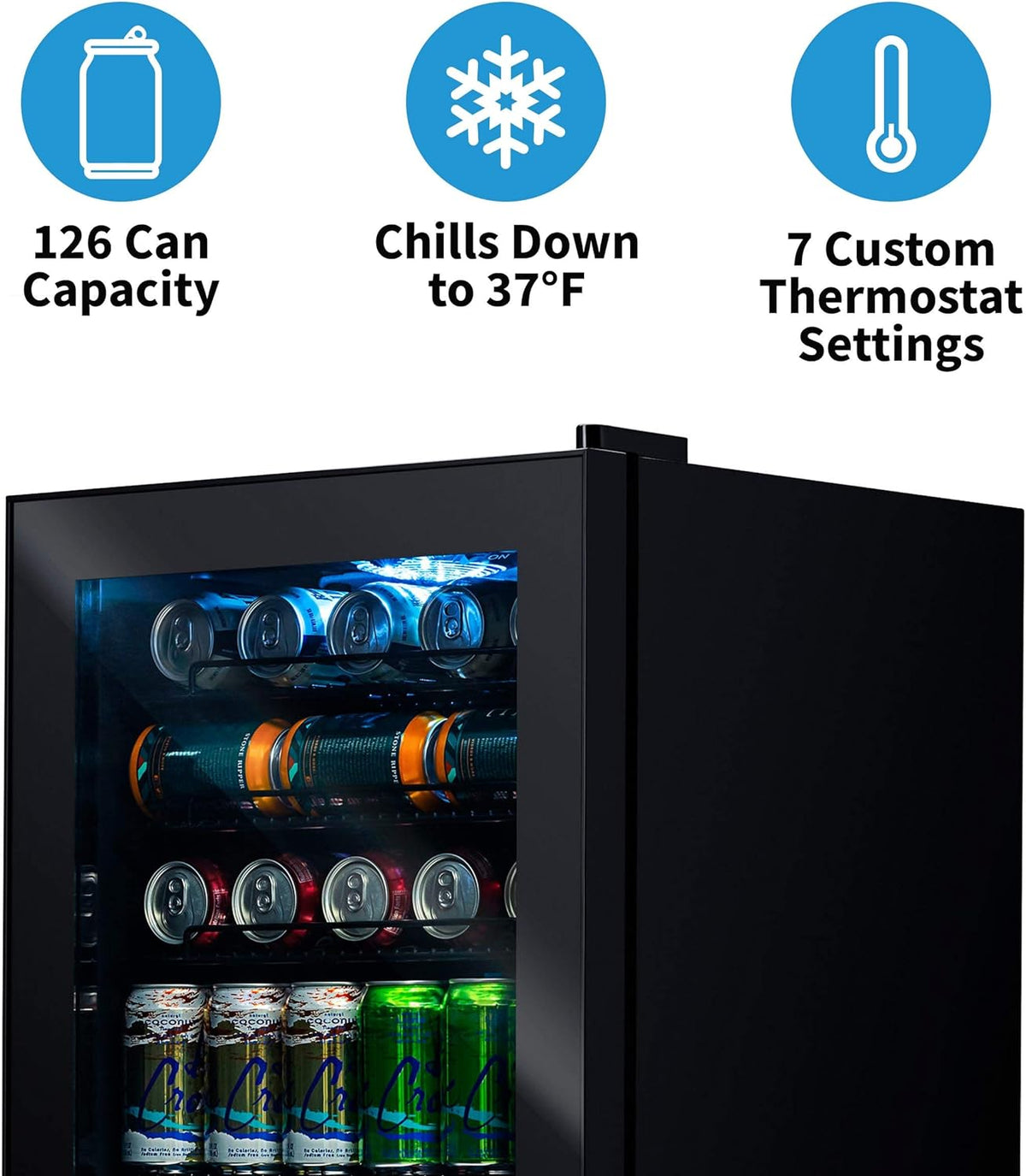 NewAir 126 Can Beverage Refrigerator – Freestanding Mini Fridge, Glass Door, LED, 7 Settings