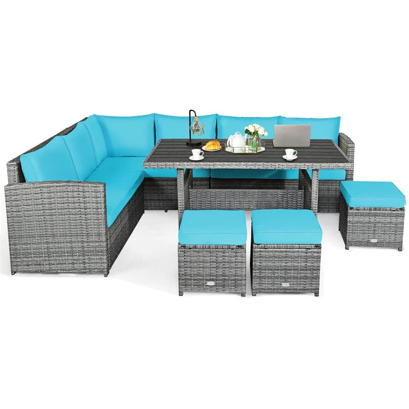 7-Piece Rattan Patio Dining Set – Sectional Sofa with Table, Ottomans & Cushions, Mix Grey