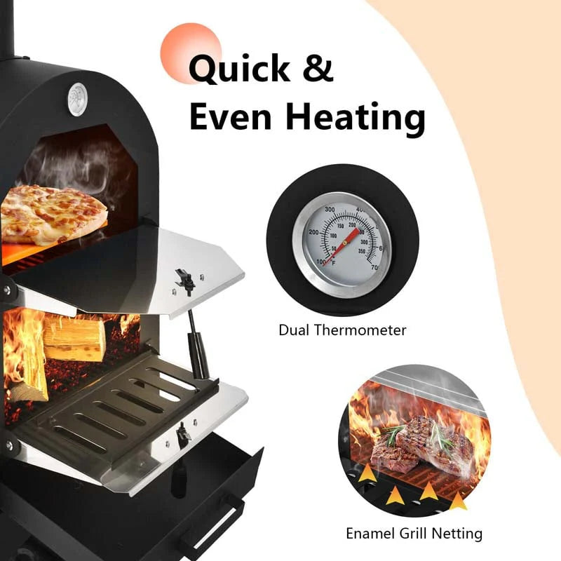 2-Tier Outdoor Wood-Fired Pizza Oven on Wheels – Iron Grill with Pizza Stone, Peel, Thermometer & Waterproof Cover
