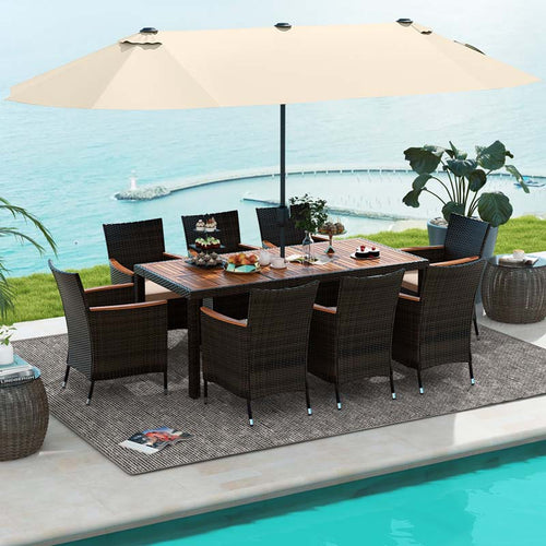 10-Piece Patio Rattan Dining Set with 15 ft Double-Sided Umbrella – Acacia Wood Table & Stackable Cushioned Wicker Chairs