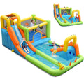 Colourful 8-in-1 inflatable water slide bounce house with climbing wall