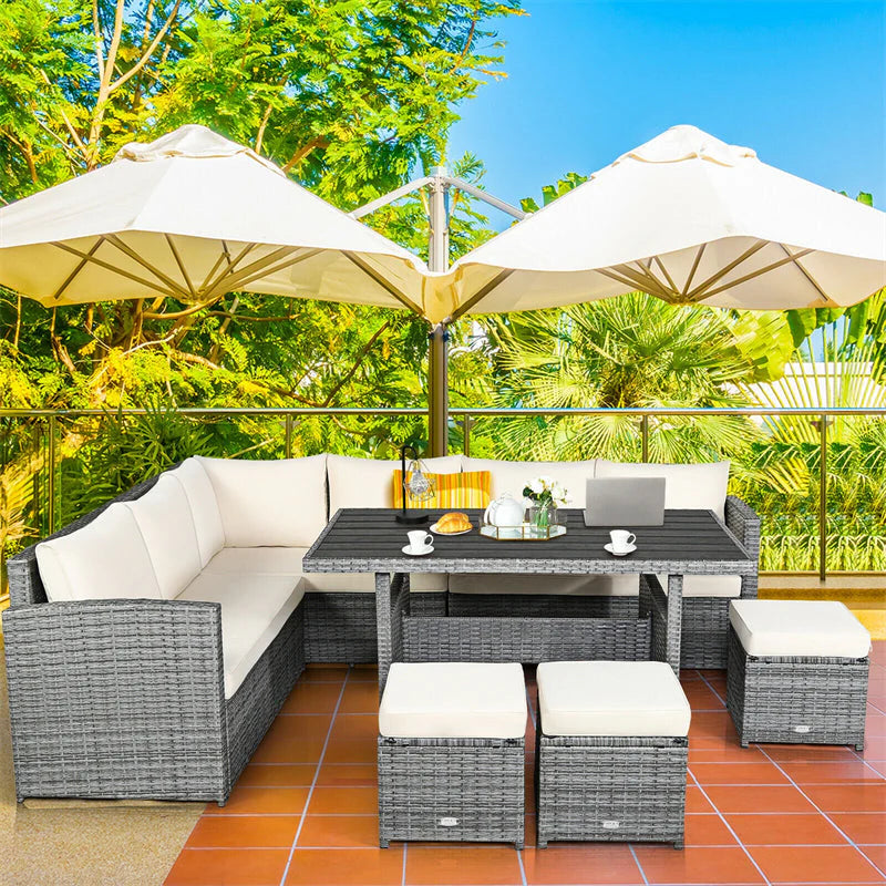 7-Piece Rattan Patio Dining Set – Sectional Sofa with Table, Ottomans & Cushions, Mix Grey