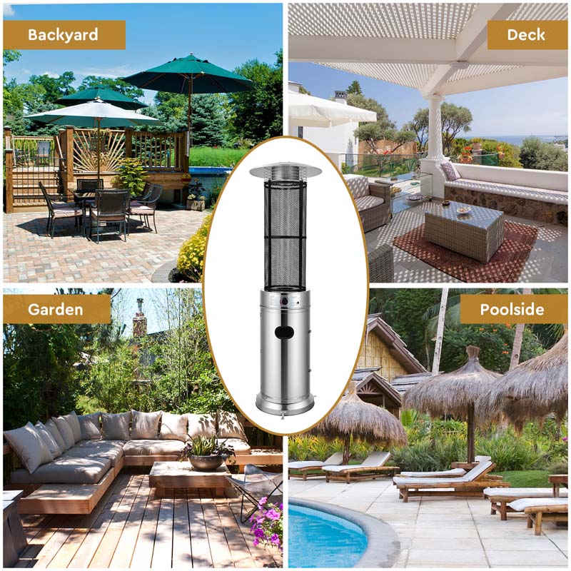 41,000 BTU Stainless Steel Patio Heater – Standing Glass Tube Flame Heater with Wheels, Push-Button Ignition