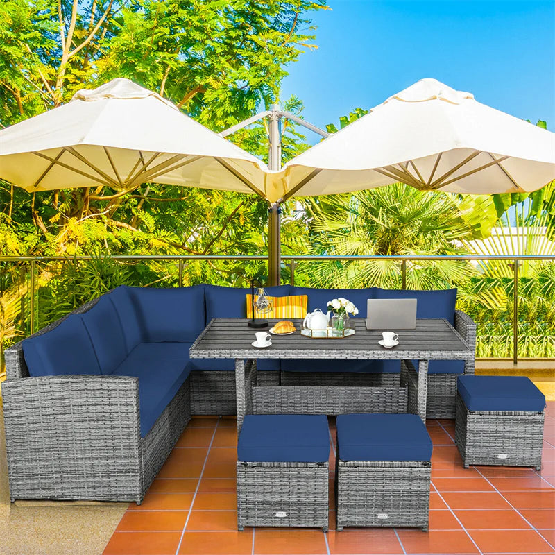 7-Piece PE Rattan Patio Sectional Sofa Set with Dining Table, Ottomans & Cushions, Mix Grey