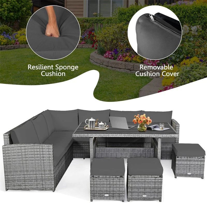 7-Piece Rattan Patio Dining Set – Sectional Sofa with Table, Ottomans & Cushions, Mix Grey