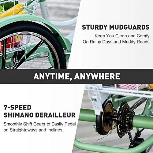 Viribus 24-Inch Adult Tricycle - 7-Speed Shimano Three-Wheel Bike with Front and Rear Baskets, 450 lb Capacity