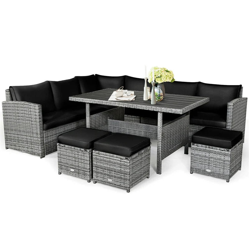 7-Piece PE Rattan Patio Sectional Sofa Set with Dining Table, Ottomans & Cushions, Mix Grey
