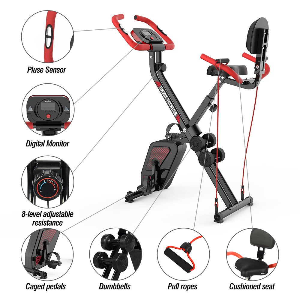 Pooboo 3-in-1 Foldable Magnetic Exercise Bike – Upright & Recumbent X-Bike, 8-Level Resistance, Pulse Sensor
