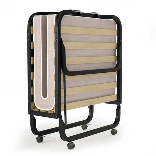 Black steel rollaway folding bed with beige memory foam mattress and wheels
