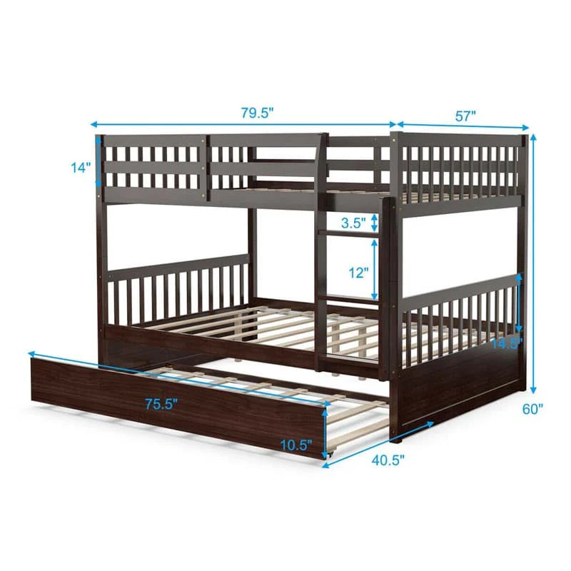 Solid Wood Full-over-Full Bunk Bed Frame with Trundle, Ladder & Guardrails, Convertible for Kids & Teens