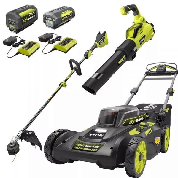 RYOBI 40V Brushless Cordless Yard Combo – 20 in Self-Propelled Mower, Trimmer & Blower, 2 Batteries + 2 Chargers