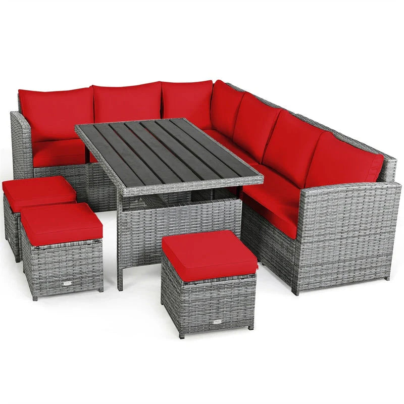 7-Piece Rattan Patio Dining Set – Sectional Sofa with Table, Ottomans & Cushions, Mix Grey