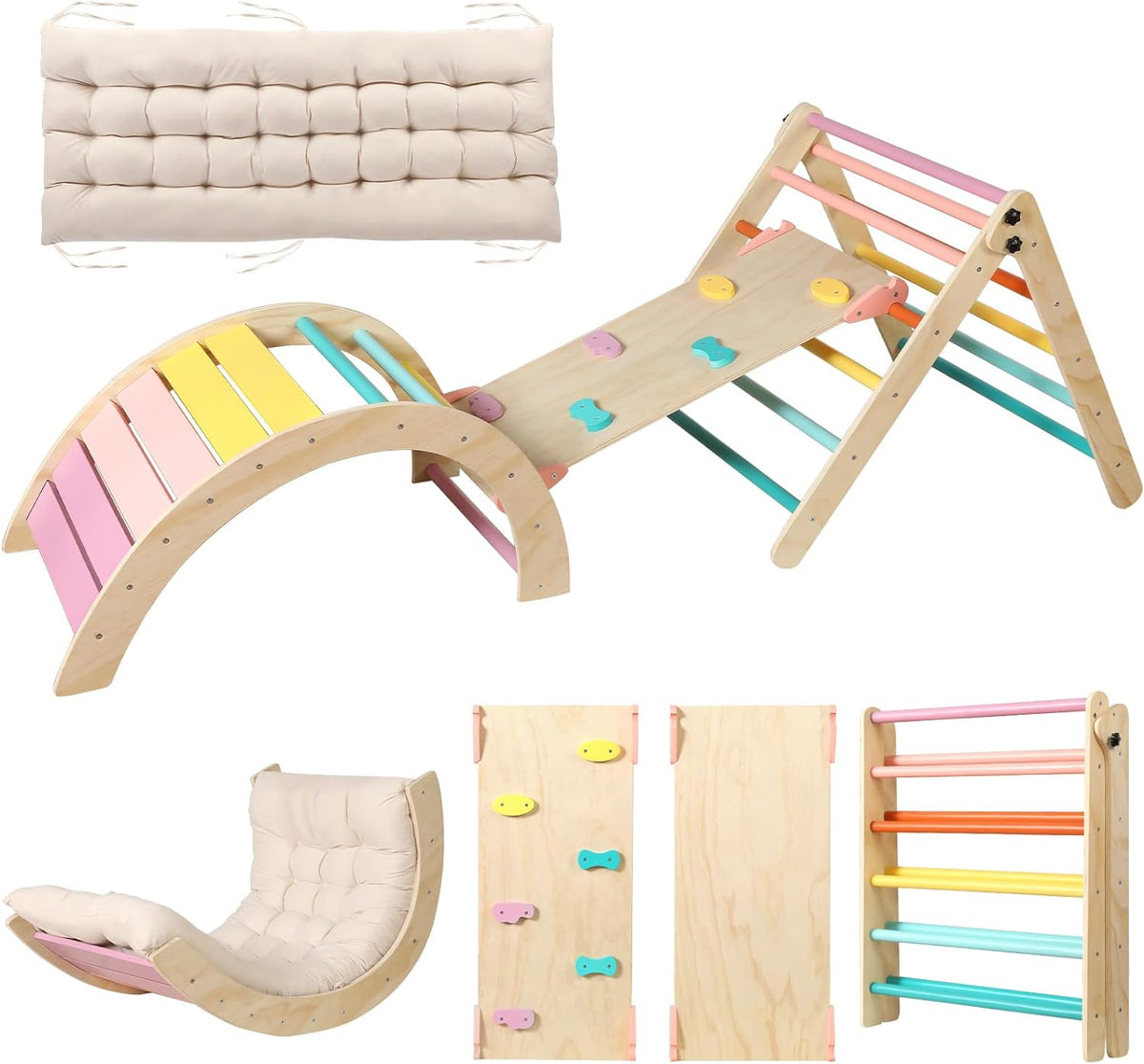 5-in-1 Montessori Foldable Climbing Triangle Set with Arch, Ramp & Cushion, Wooden Pikler Play Gym for Toddlers
