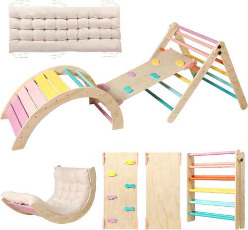 5-in-1 Montessori Foldable Climbing Triangle Set with Arch, Ramp & Cushion, Wooden Pikler Play Gym for Toddlers