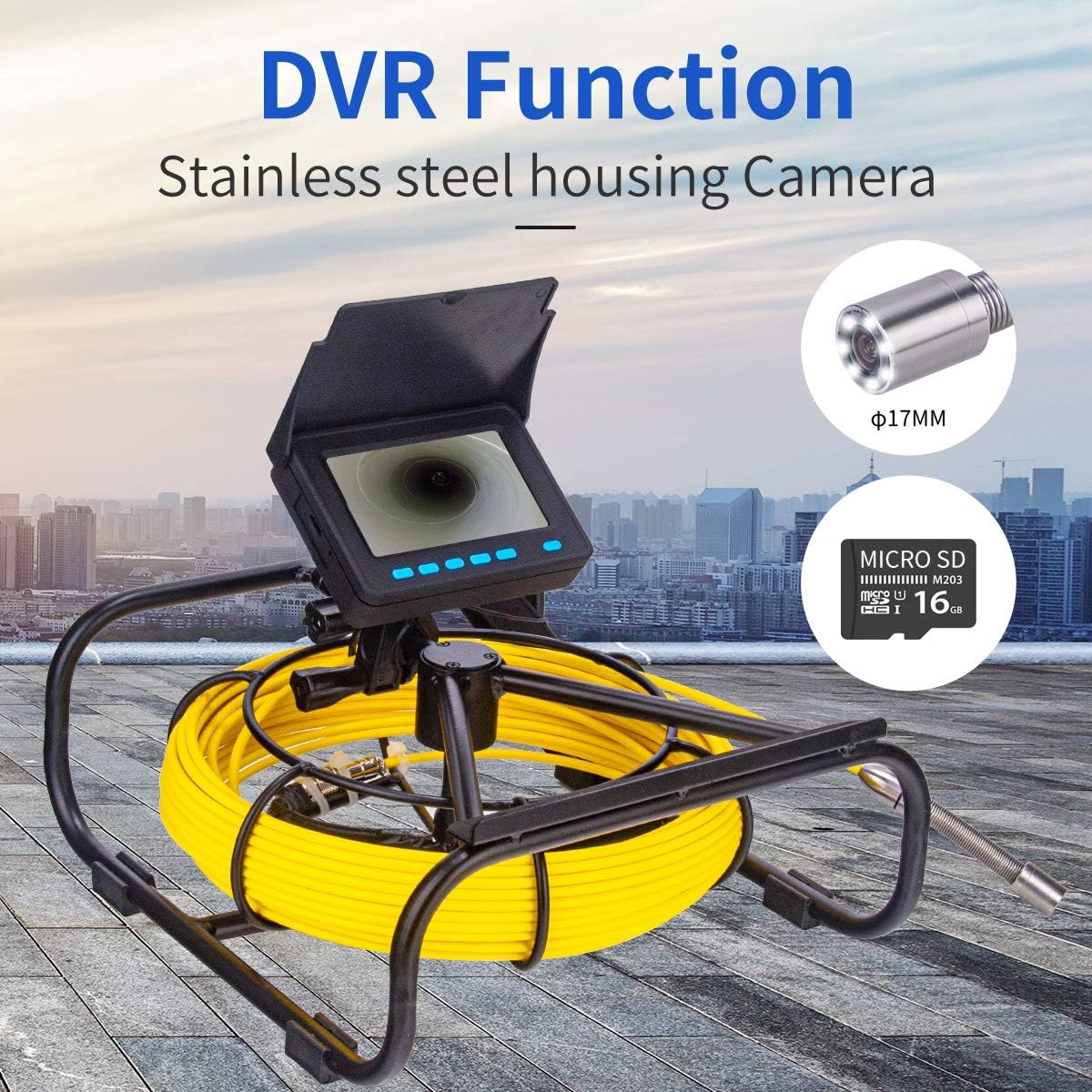 SYANSPAN Sewer Inspection Camera 100 ft, 17 mm IP68 Pipe Camera with 16GB DVR, 4.3 in Screen, 8500mAh Battery