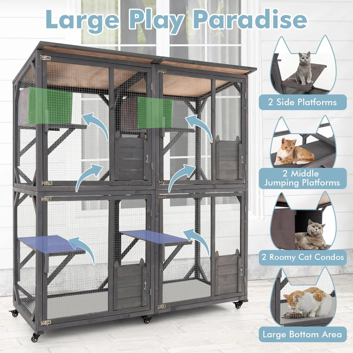 Large Wooden Outdoor Catio Cat Enclosure – 72" Tall Fir Wood Cat House with Asphalt Roof, Wheels & Lockable Doors