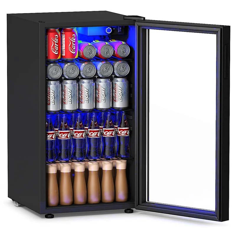120-Can Beverage Cooler Fridge with Glass Door & Blue LED Light, 3.2 cu ft, Built-in or Freestanding