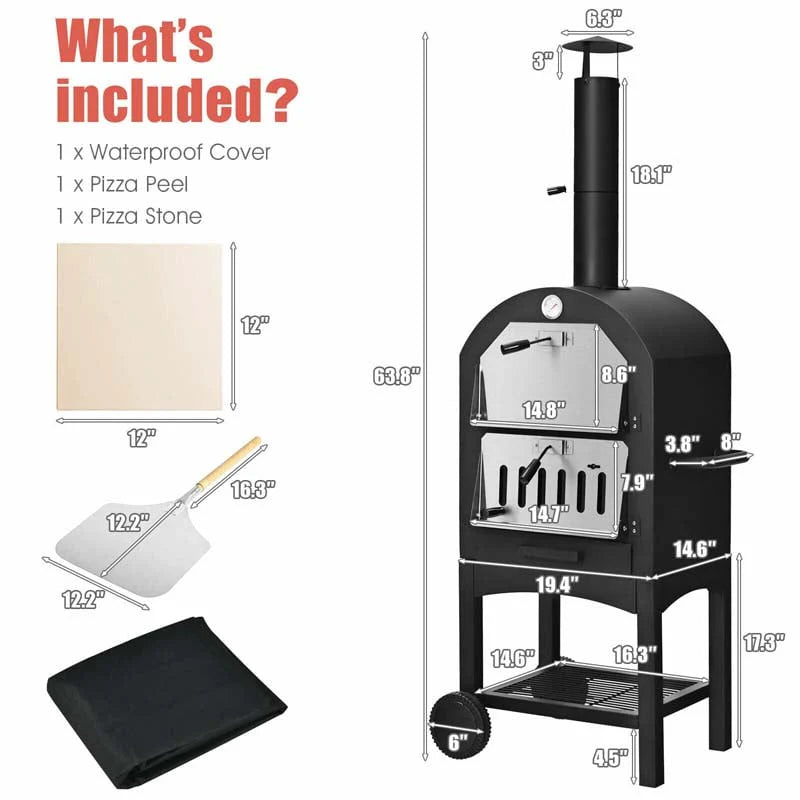 2-Tier Outdoor Wood-Fired Pizza Oven on Wheels – Iron Grill with Pizza Stone, Peel, Thermometer & Waterproof Cover