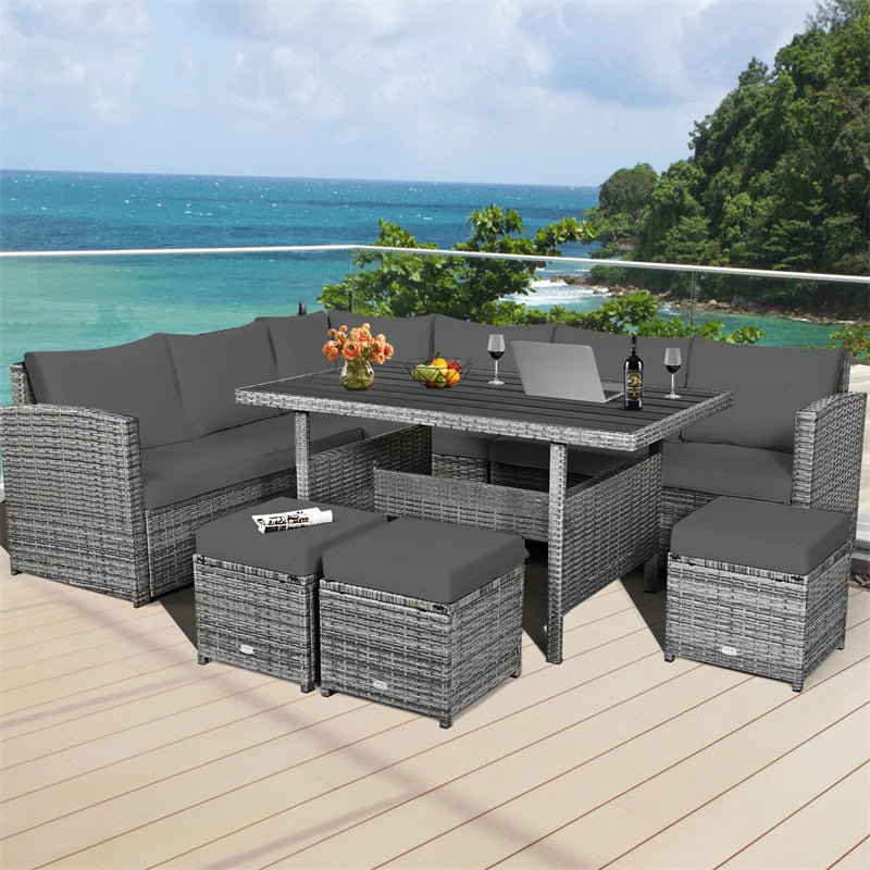 7-Piece PE Rattan Patio Sectional Sofa Set with Dining Table, Ottomans & Cushions, Mix Grey
