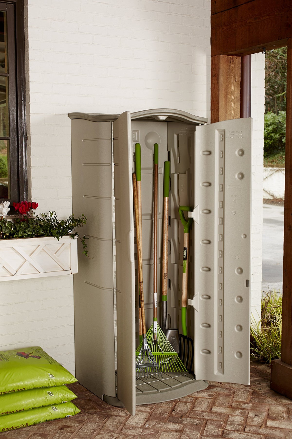Rubbermaid Vertical Resin Outdoor Storage Shed - Weatherproof Garden Tool Cabinet, Double-Wall, 25 x 30 x 72 in