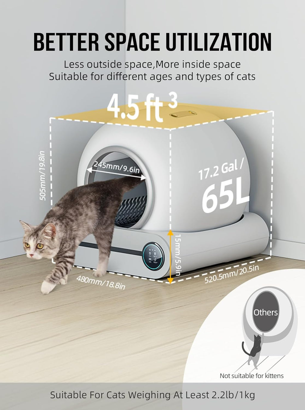 EXPEDMAN Self-Cleaning Cat Litter Box – 65L + 9L, App Control, Mat & Liners, Grey