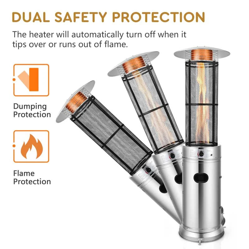 41,000 BTU Stainless Steel Patio Heater – Standing Glass Tube Flame Heater with Wheels, Push-Button Ignition
