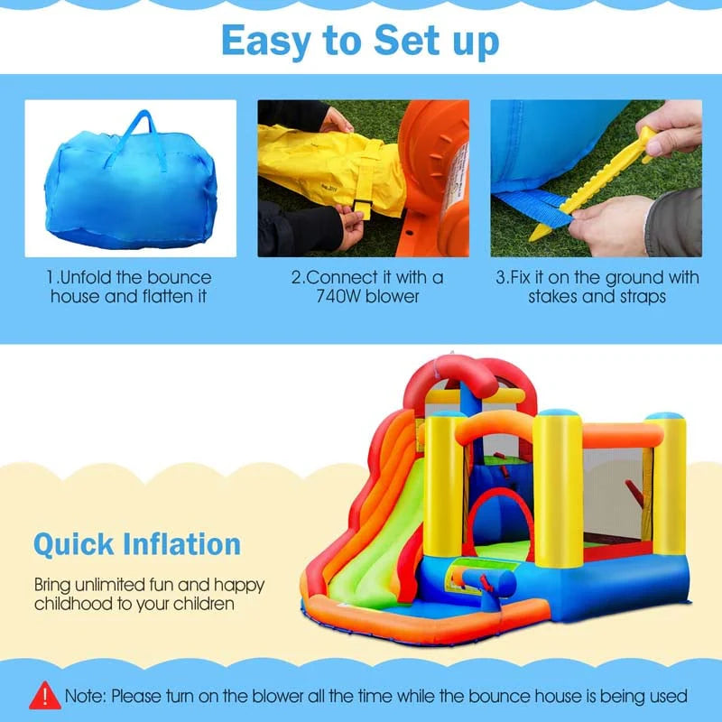 6-in-1 Kids Inflatable Water Slide Bounce House with Climbing Wall, Splash Pool, Basketball Rim & 740W Blower
