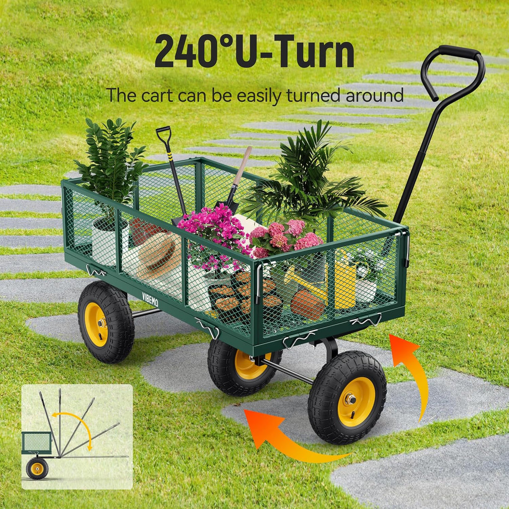 Vibemo 2-in-1 Steel Garden Cart – 1400 lb Heavy-Duty Wagon, Mesh Sides to Flatbed, 13" Pneumatic Tyres