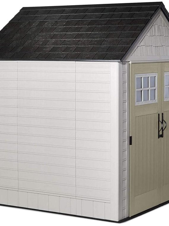 Rubbermaid 7 x 7 ft Weather-Resistant Resin Garden Storage Shed with Windows & Utility Hooks, Sand