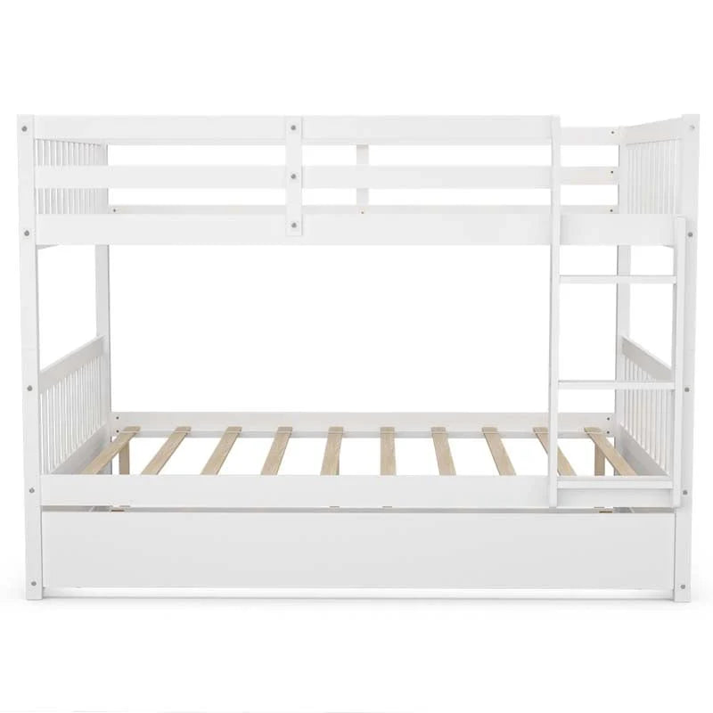 Solid Wood Full-over-Full Bunk Bed Frame with Trundle, Ladder & Guardrails, Convertible for Kids & Teens