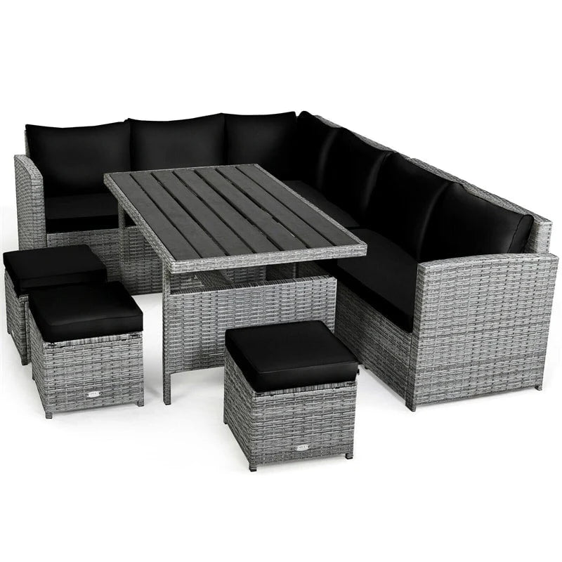 7-Piece Rattan Patio Dining Set – Sectional Sofa with Table, Ottomans & Cushions, Mix Grey