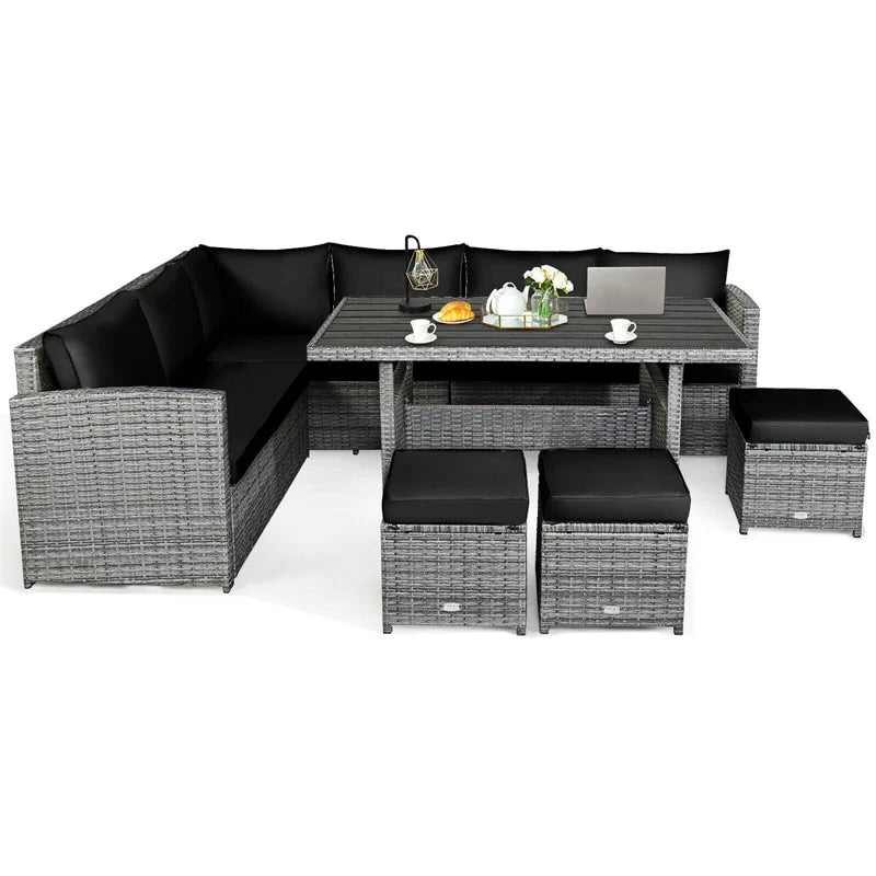 7-Piece PE Rattan Patio Sectional Sofa Set with Dining Table, Ottomans & Cushions, Mix Grey