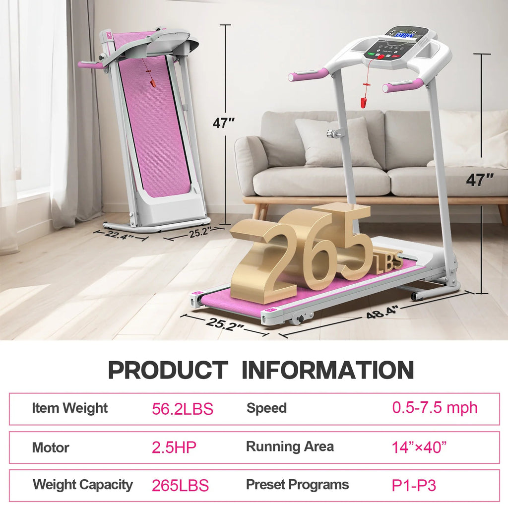 FYC Foldable Electric Treadmill – 2.5 HP Brushless Motor, 7.5 MPH, LED Display & Heart-Rate Sensor (Pink)