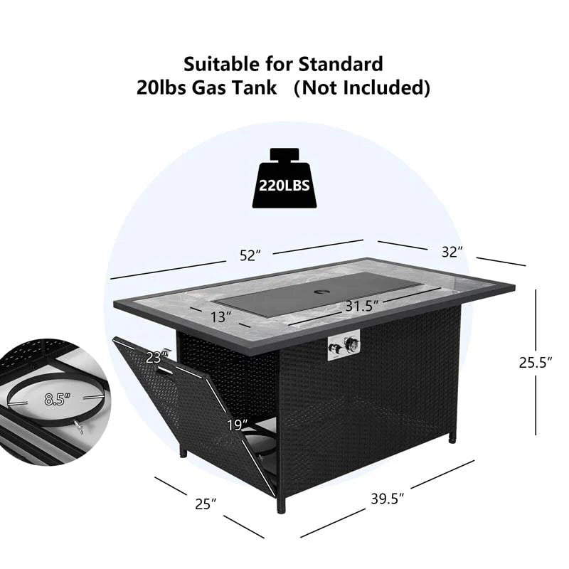 52" Rattan Propane Gas Fire Pit Table – 50,000 BTU, Marble Top, Lava Rocks & Cover