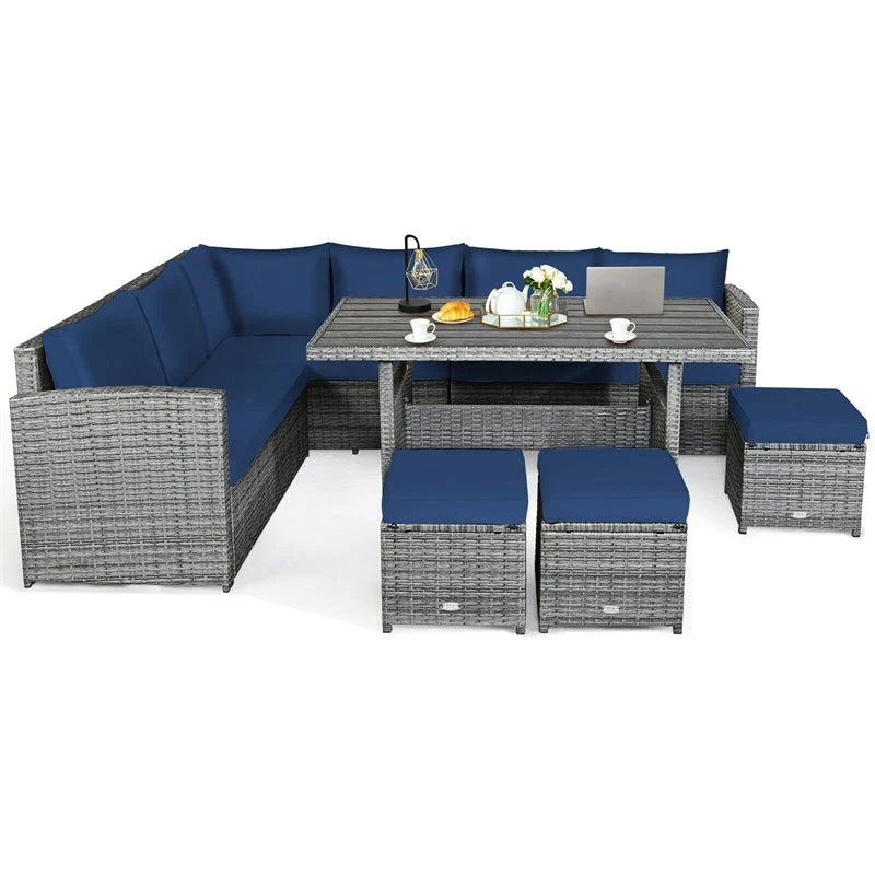 7-Piece Rattan Patio Dining Set – Sectional Sofa with Table, Ottomans & Cushions, Mix Grey