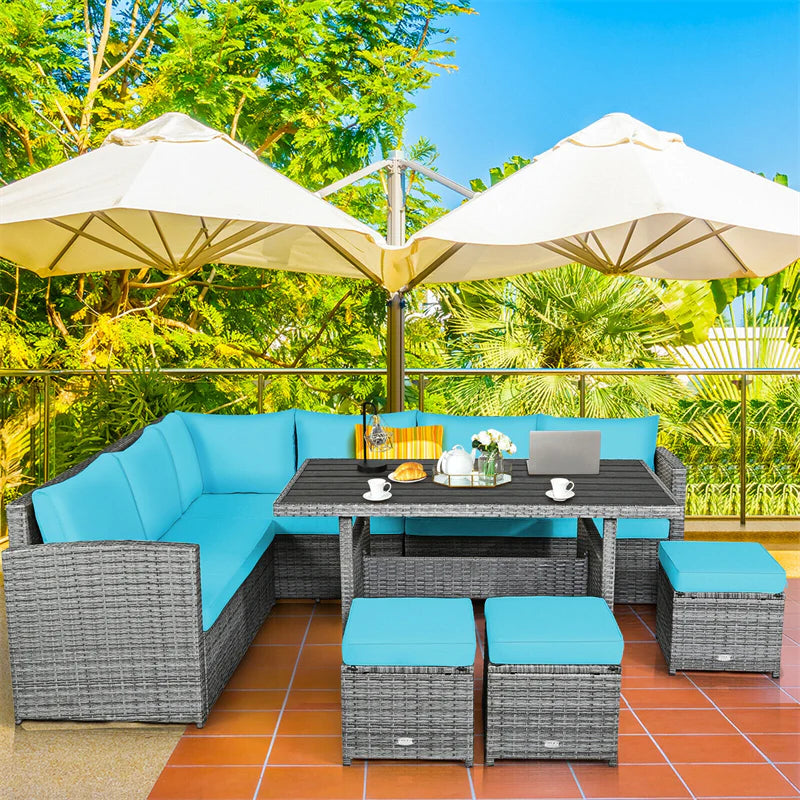 7-Piece PE Rattan Patio Sectional Sofa Set with Dining Table, Ottomans & Cushions, Mix Grey