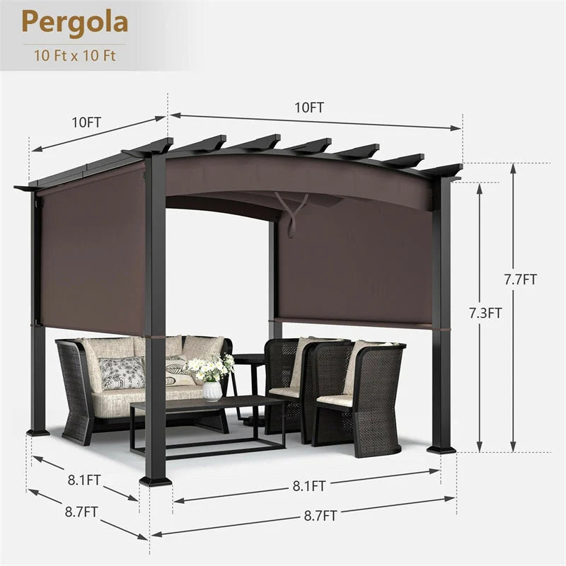 10 x 10 ft Heavy-Duty Steel Pergola with 3 Retractable Canopies – Outdoor Sun Shade for Deck, Garden & Patio