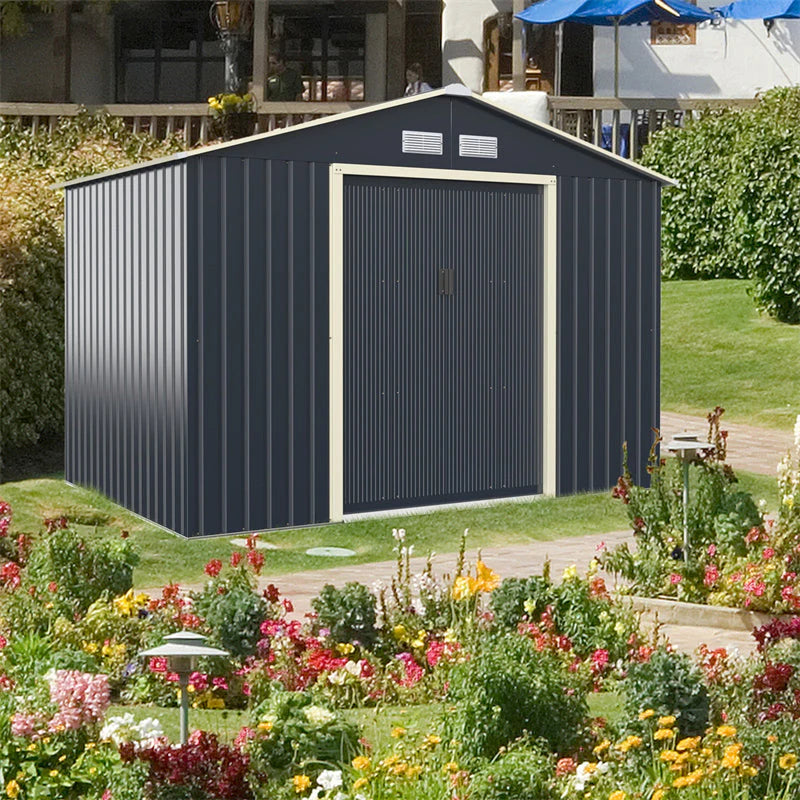 9 x 6 ft Outdoor Metal Storage Shed – Sliding Lockable Double Doors, 4 Vents, Grey Steel