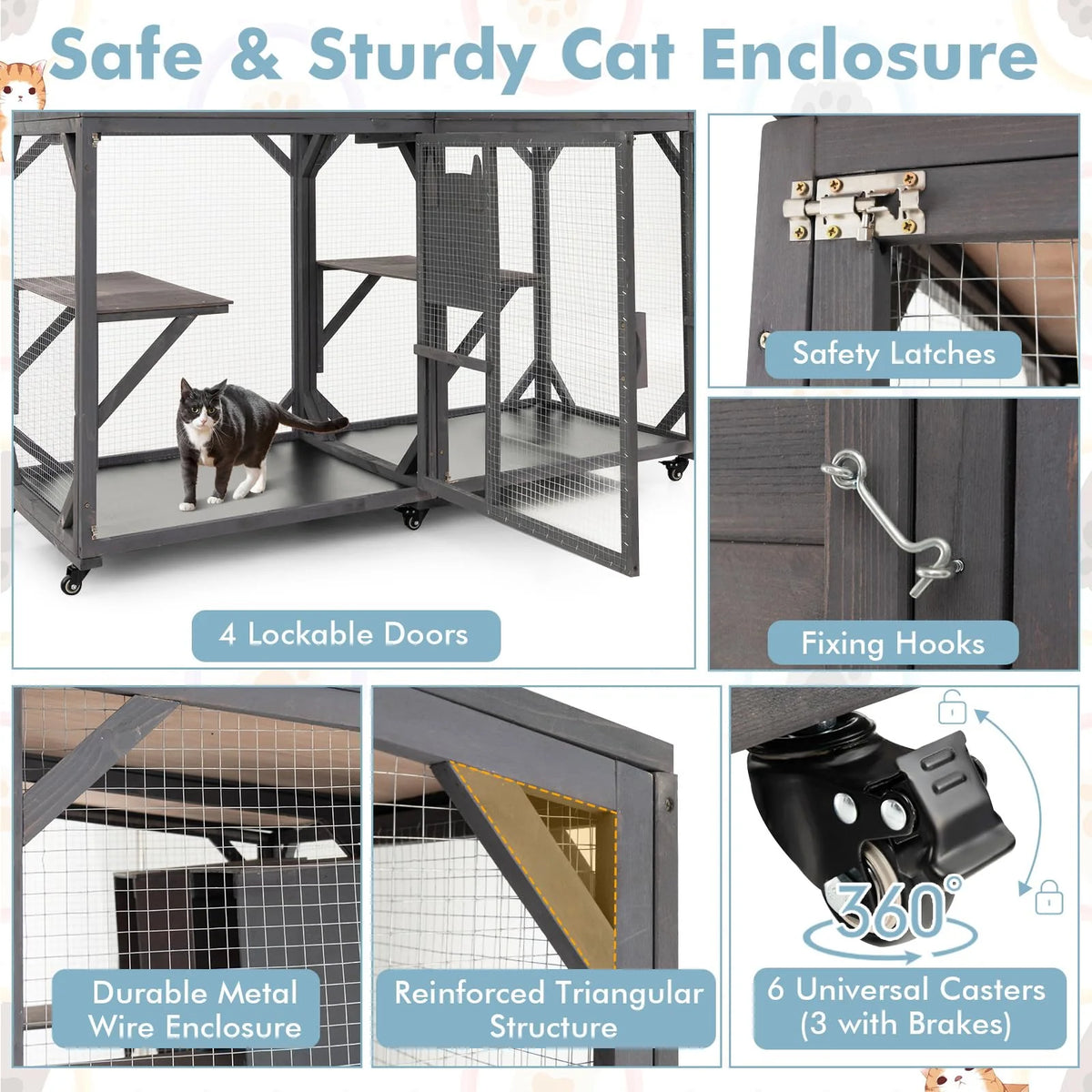 Large Wooden Outdoor Catio Cat Enclosure – 72" Tall Fir Wood Cat House with Asphalt Roof, Wheels & Lockable Doors
