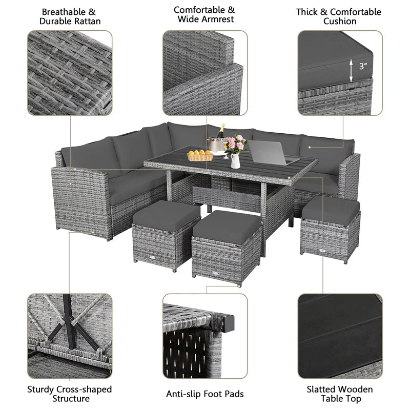 7-Piece Rattan Patio Dining Set – Sectional Sofa with Table, Ottomans & Cushions, Mix Grey