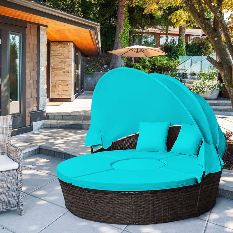 Rattan Wicker Round Patio Daybed with Retractable Canopy & Adjustable Coffee Table – Outdoor Sofa Set