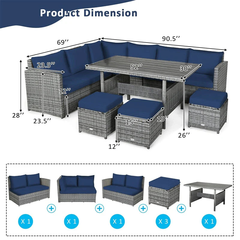 7-Piece Rattan Patio Dining Set – Sectional Sofa with Table, Ottomans & Cushions, Mix Grey