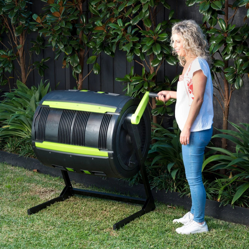 Maze 65-Gallon Compost Tumbler and Cart Combo - Dual Chamber Rotating Composter with 12-Gallon Wheeled Cart